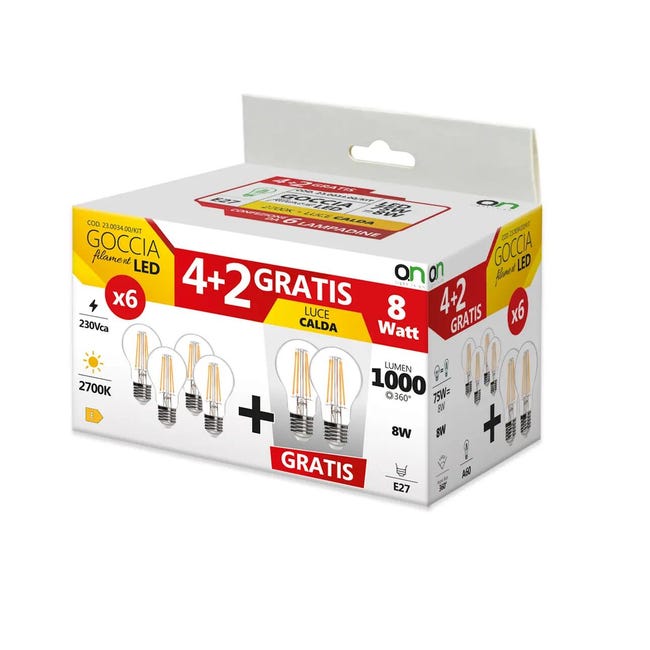 Leroymerlin Set da 6 lampadine Goccia Filament Led X6 LED filamento E27 goccia trasparente 8W= 360° Novità