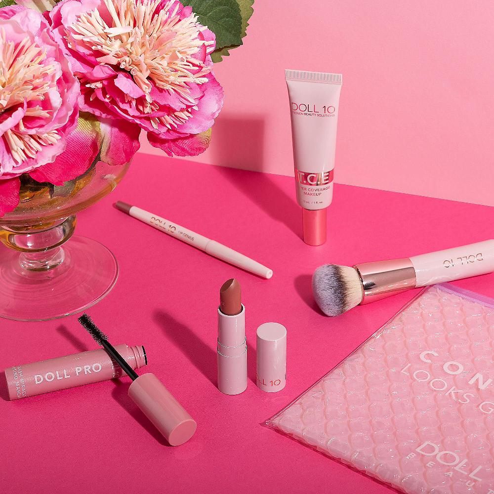 QVC Doll10 Fondotinta T.C.E. e pennello mascara matita e rossetto Nuovo